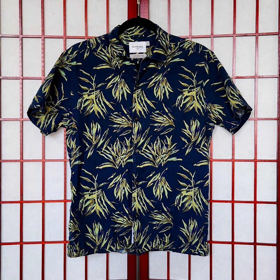 Vintage Goodfellow & Co Blue/Green Palm Print Short-Sleeve Button-Down Boys S